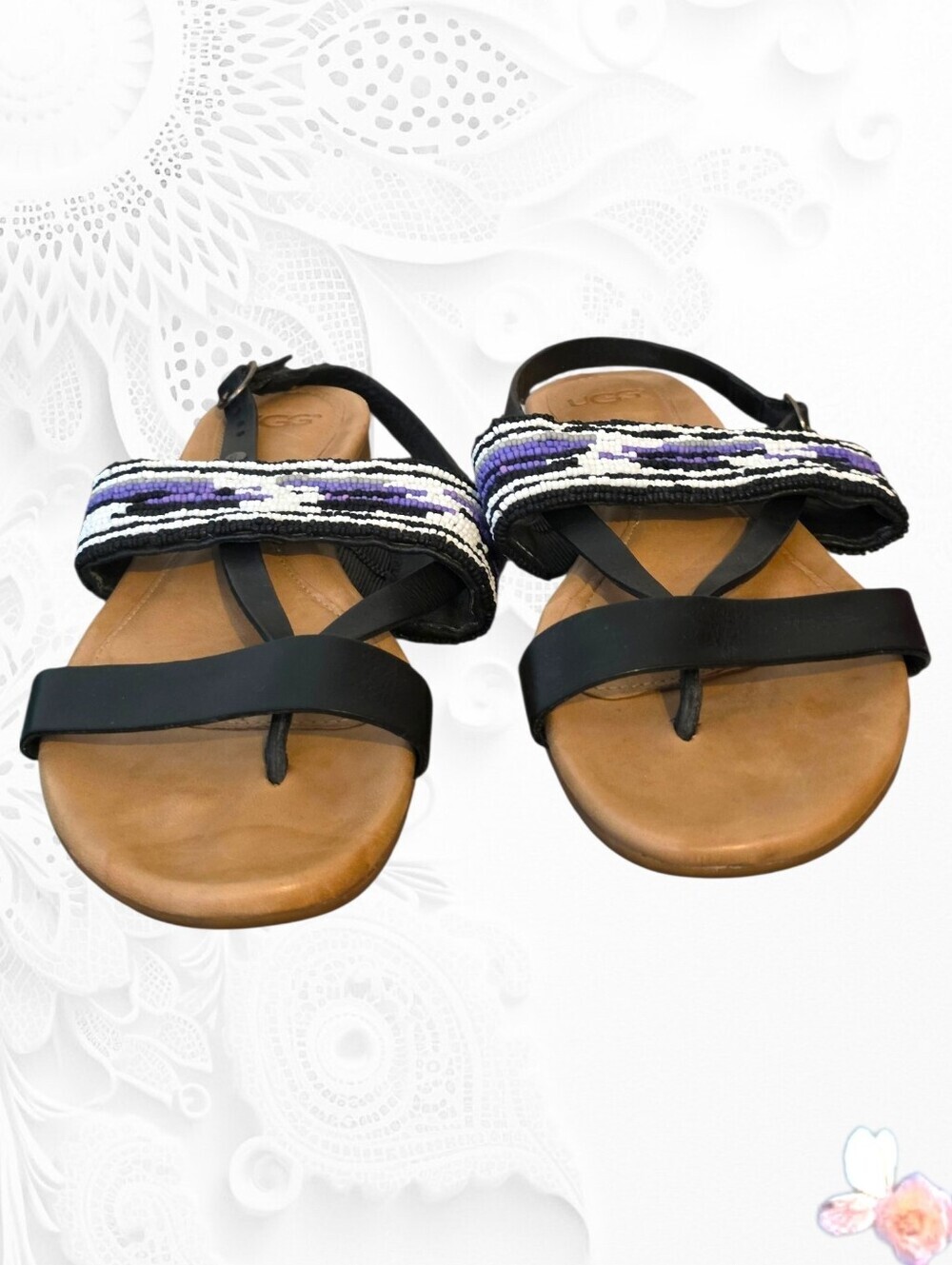 UGG Verona Beaded Leather Sandals Black Multi Serape 7.5 Purple